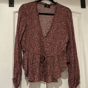 VICI PINK BOHO FLORAL PLUNGING NECKLINE PEPLUM BLOUSE